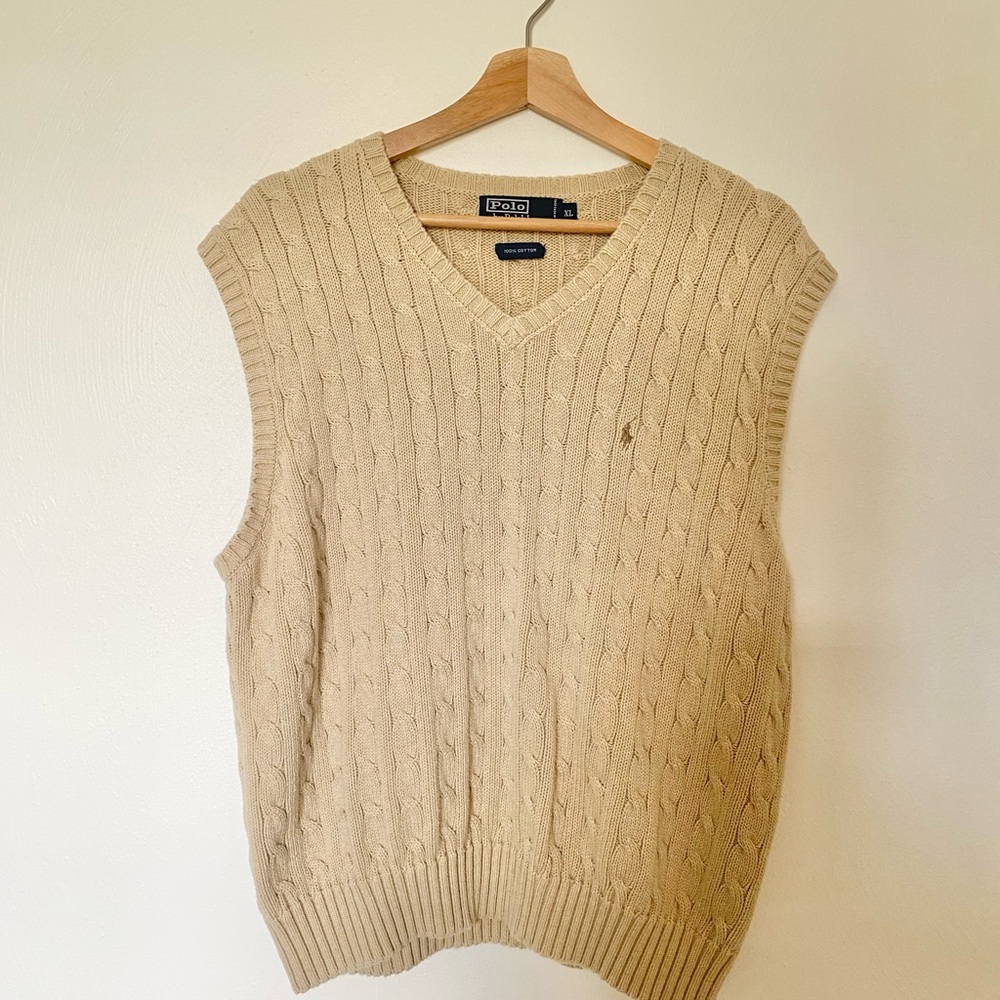 Polo by Ralph Lauren Women’s Beige V-Neck Cable Knit Sweater Vest